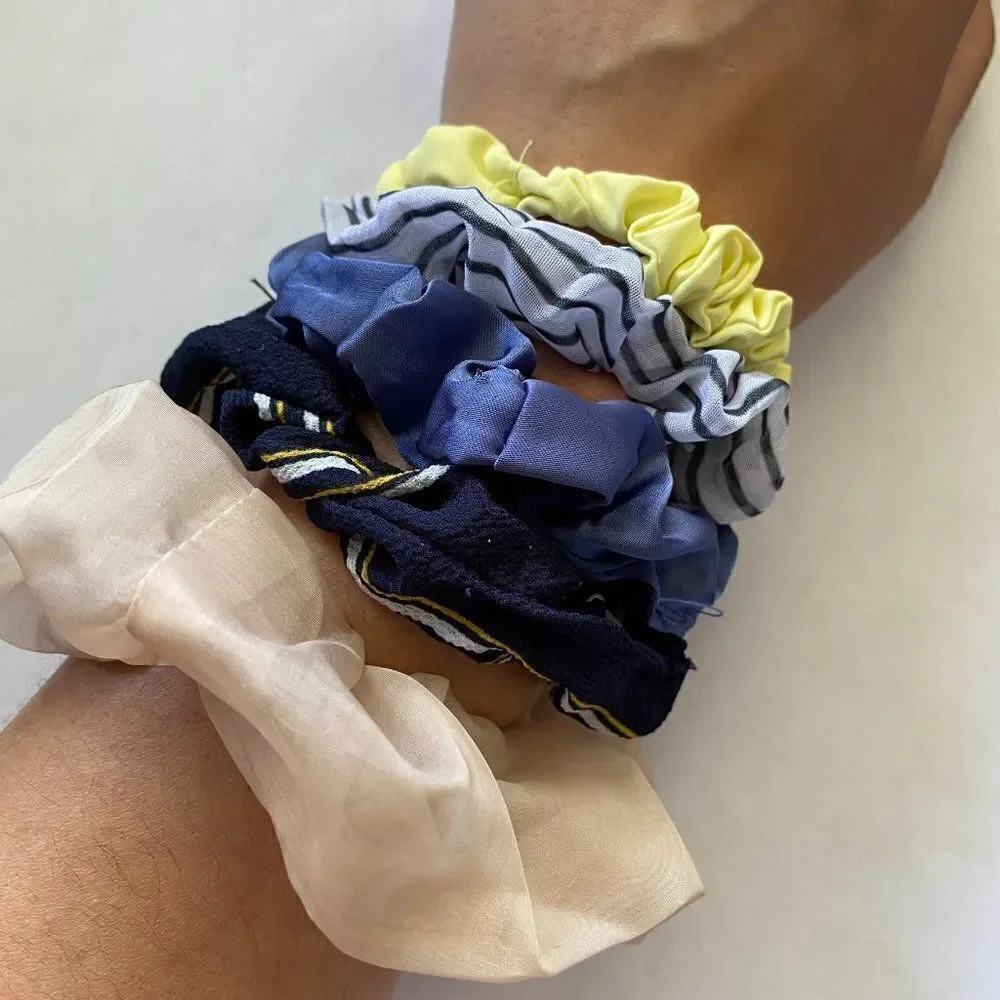 Set of 5 Scrunchies - Navy Stripes Yellow